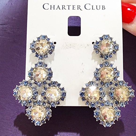 NWT Charter Club Blue White Dramatic Rhinestone Dangle Party Pierced Earrings - Picture 6 of 10